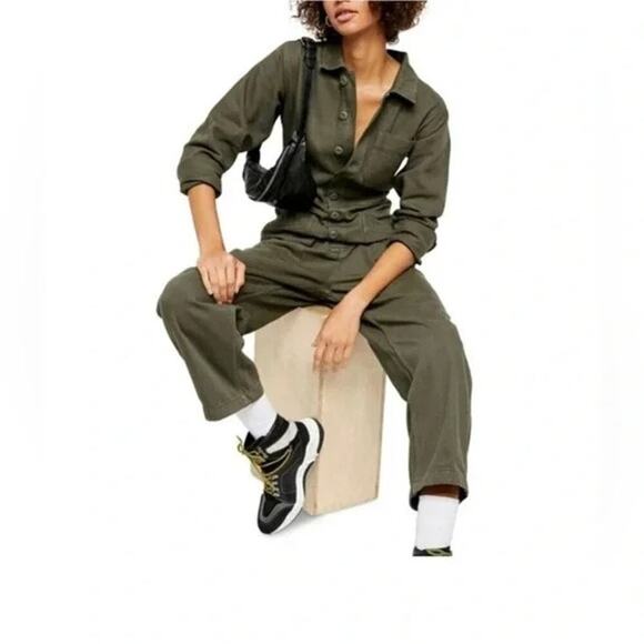 Free People Bloggers Gia Coverall Jumpsuit in Army Green Sz Small - Picture 2 of 10
